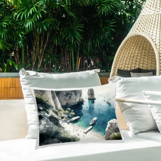 Boats on Rocky Shore Outdoor Printed Pillow Design by Svetlana Aleynikova, 14 x 7 x 20 {2}