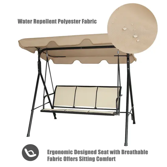 3 Person Patio Swing with Polyester Angle Adjustable Canopy Brown {6}