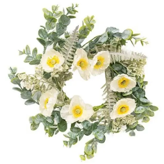 4.5" Alabaster Poppy Candle Ring with Green Paper-Wrapped Base and Fabric Flowers {1}