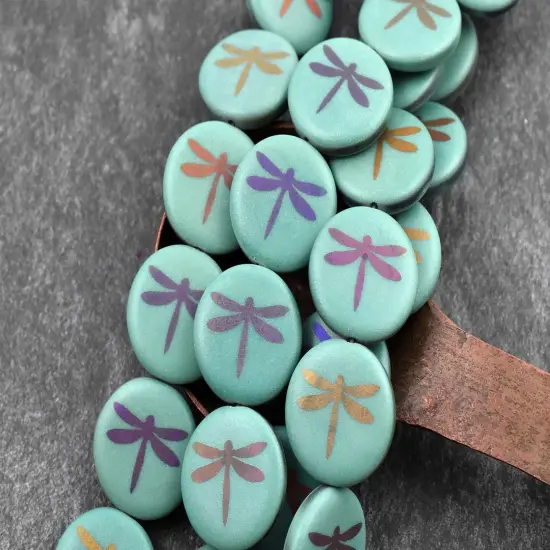 *8* 17mm Opaque Dark Turquoise Laser Tattoo Dragonfly Coin Beads {5}