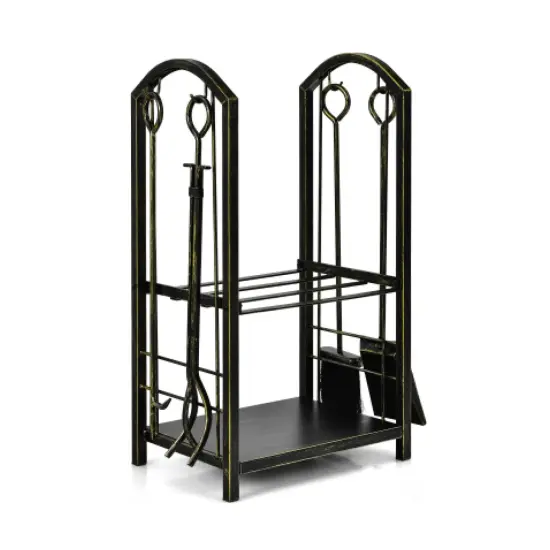 Fireplace Log Rack with 4 Tools Set Fireside Firewood Holder Bronze {7}
