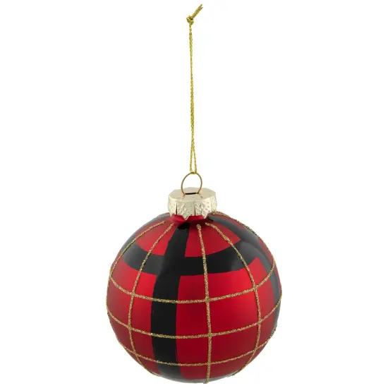 Northlight 4ct Red, Black and Gold Plaid Glass Ball Christmas Ornaments 3.25" {6}