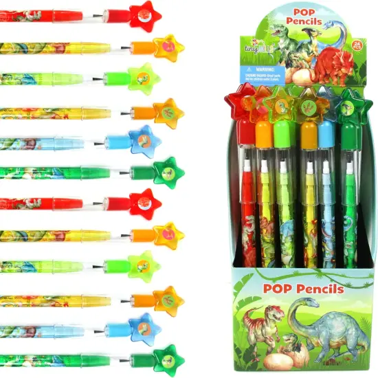 TINYMILLS 24 Pcs Jurassic Dinosaur Stackable Pencil Assortment with Eraser for Party Favors Goodie Bag Stuffers VBS Classroom Rewards Carnival Prize {1}