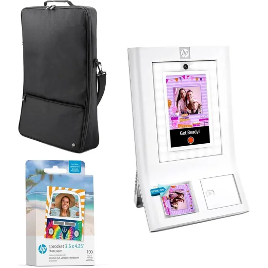 HP Sprocket Photobooth 3x4 Photo Printer Bundle with Zink Paper (100 Sheets) & Carrying Case White {1}
