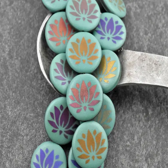 *8* 17mm Opaque Turquoise Sliperit Lotus Flower Laser Tattoo Coin Beads {5}