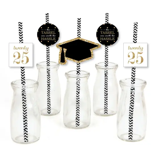 Big Dot of Happiness Gold 2025 Graduation Paper Straw Decor - Party Striped Decorative Straws - Set of 24 {1}