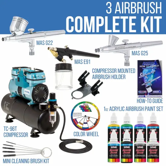 Gravity and Siphon Feed 3 Airbrushing System with 6 Primary Colors Acrylic Paint Set - Cool Running 1/4 hp Twin-Piston Air Compressor, Storage Tank {2}
