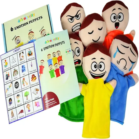 4E's Novelty 6 Pack Emotion Hand Puppets for Kids &ndash; Soft Plush 6 Emotions Hand Puppets for Toddlers 3-8 {2}
