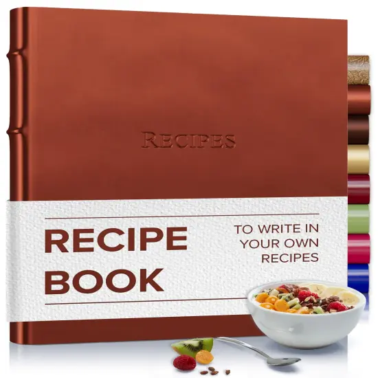 Gallery Leather Recipe book to write your own recipes - 3 Ring Recipe Binder With Protective Plastic Sleeves, Blank Cards, 25 Pocket Pages and Ivory Cards, Refillable - 9.25 x 8 " Frprt Met Copper {1}
