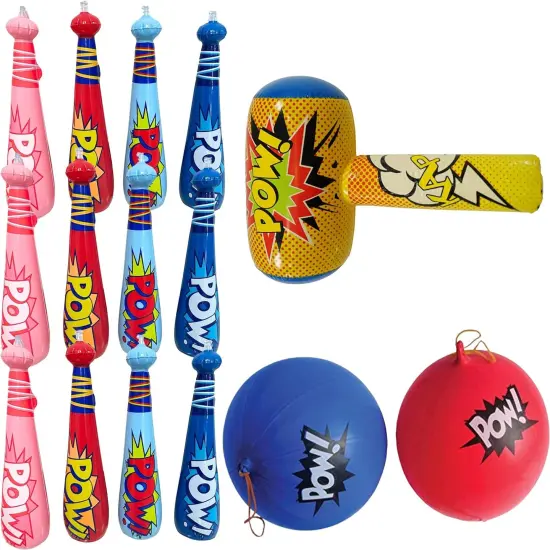 4E's Novelty 25 Piece Set Inflatable Baseball Bats With Pow Design, 12 Punch Balloons For Kids, 1 Huge 30" Bopper For Super Hero Birthday Bat, Carnival Prizes, And Baseball Bat Blow Up Fun, Ages 3+ {1}