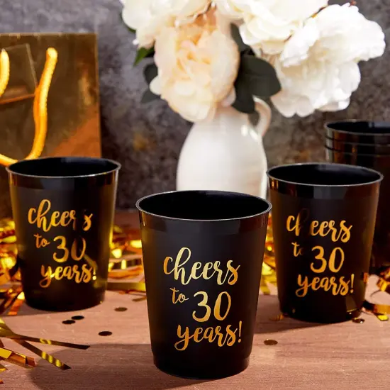 16 Pack Black 30th Birthday Plastic Tumbler Cups 16 oz for Anniversary Party Supplies, Cheers to 30 Years {3}