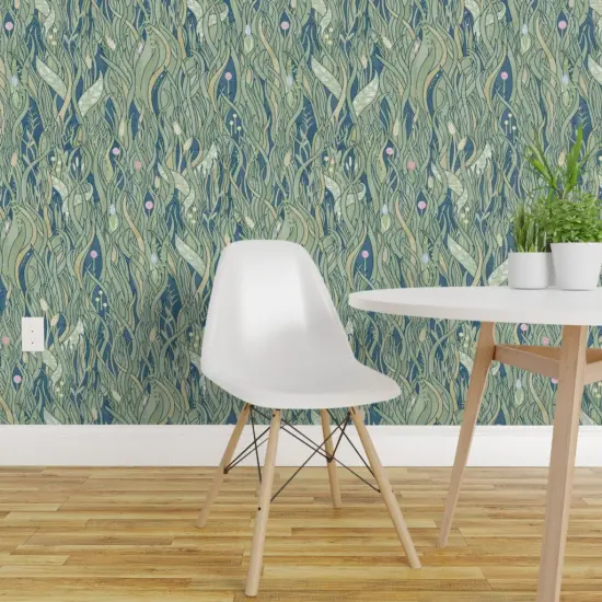 Peel & Stick Wallpaper 2FT Wide Wild Grasses Plants Nature Blue Green Vintage Wilderness Mid Century Rustic Antique Meadows Fields Beautiful Custom Removable Wallpaper by Spoonflower {1}