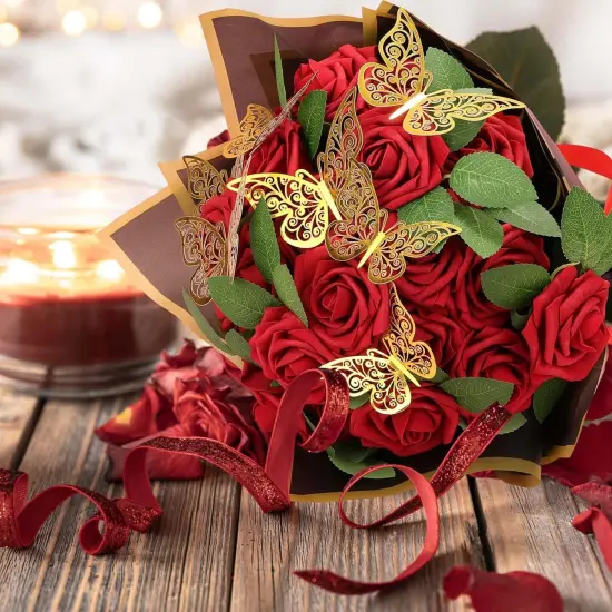 Bouquet Wrapping Paper with Artificial Foam Roses Red Flowers with Stems Gold Butterfly {2}