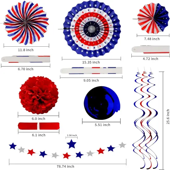 26Pcs 4th of July Decorations Patriotic Decor USA Flag String Red White Blue Paper {2}