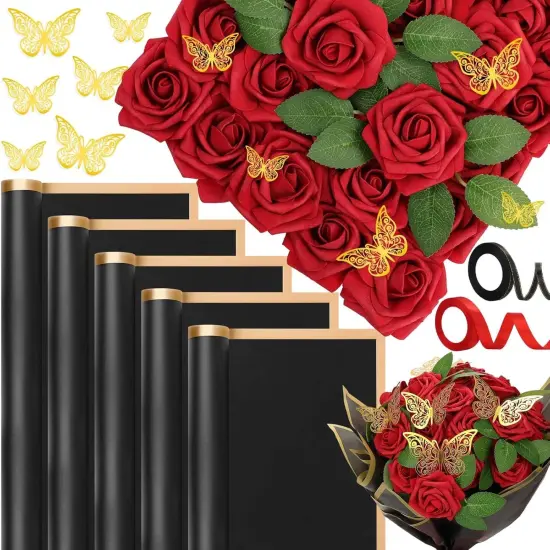 Bouquet Wrapping Paper with Artificial Foam Roses Red Flowers with Stems Gold Butterfly {1}