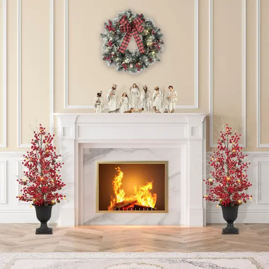 Set of 2 36''H Christmas Lighted Berry Pine Cone Urn Porch Trees With Timer Red {2}