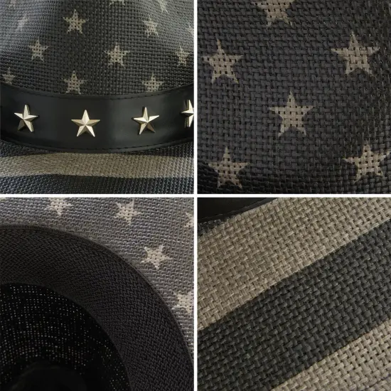 USA Straw American Flag Cowboy Hat for Men, Women, Looks Vintage Cowgirl Hat for Costume Party (Adult Size) Black {7}