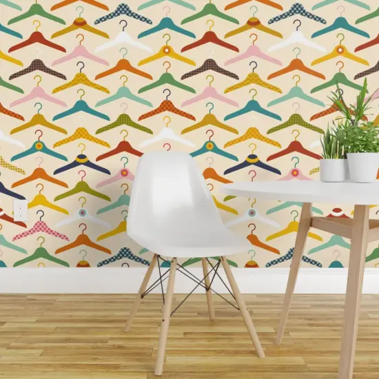 Pre-Pasted Wallpaper 2FT Wide Retro Fashion Novelty Whimsical Polka Dots Clothes Hangers Pink Yellow Orange Flower Check Colorful Doily Lace Laundry Room Closet Clothing Custom Pre-pasted Wallpaper by Spoonflower {1}