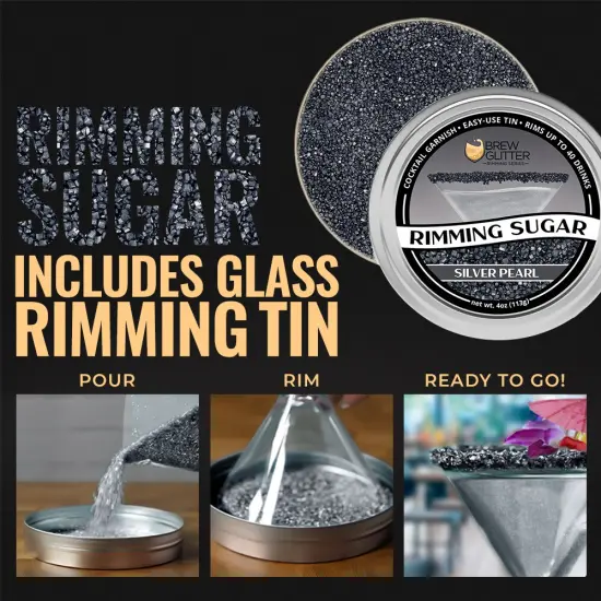Brew Glitter - Silver Pearl Rimming Sugar (4oz, 1x Bar Tin) Cocktail Garnish for Mixed Drinks & Refreshments {3}