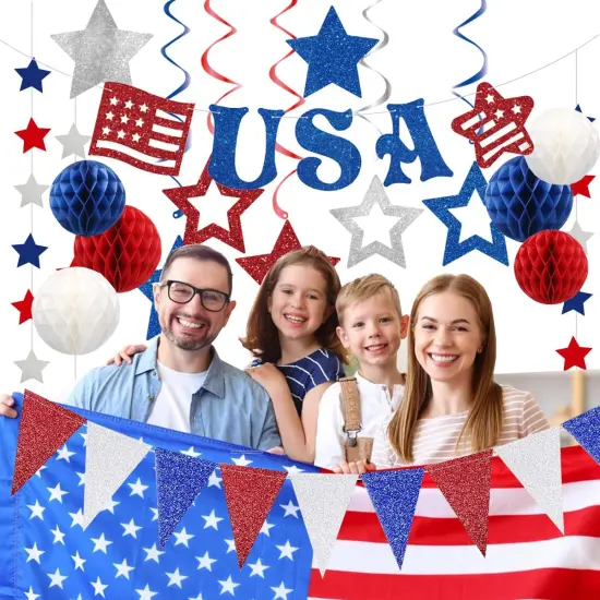 4th of July Patriotic Decorations Set,Red White Blue Honeycomb Ball,Star Hanging Swirl,star Garland {1}