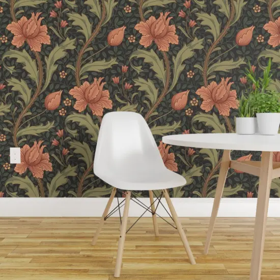 Pre-Pasted Wallpaper 2FT Wide Green Pink Floral Vines Hand Drawn Moody Traditional Botanical Arts And Crafts Custom Pre-pasted Wallpaper by Spoonflower {1}