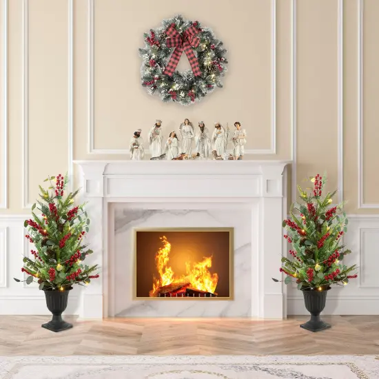 Set of 2 36''H Christmas Lighted Berry Pine Cone Urn Porch Trees With Timer Green {9}