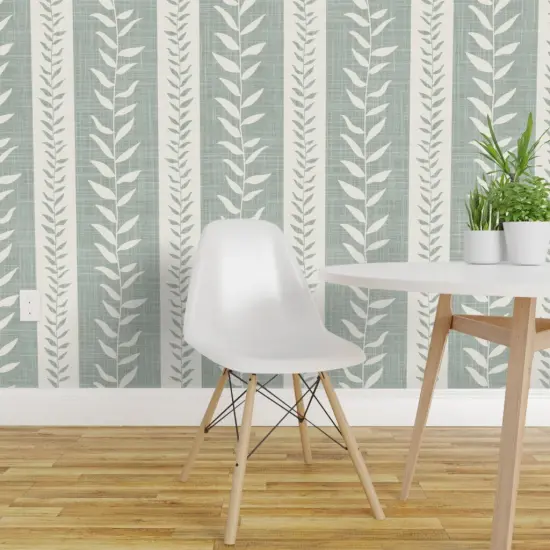 Peel & Stick Wallpaper 2FT Wide Large Stripe Green Stripes Tropical Sage Faux Linen Custom Removable Wallpaper by Spoonflower {1}