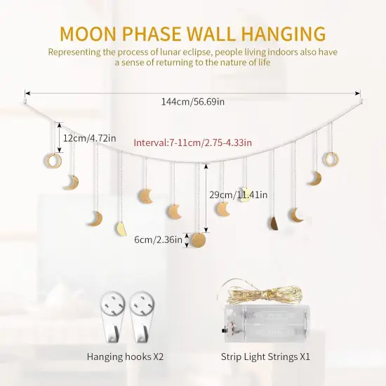 13 Gold Wood Boho Wall Hanging Decor Mood Garland 56'' - Celestial Phases Moon Decor {2}