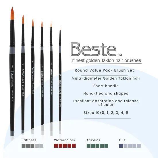 Creative Mark Beste Golden Taklon Round #4 - 2 Pack Artist Brush, Professional Watercolor Brushes, For Acrylic Painting, Short Handle, Sharp Edges, Hand-Tied & Shaped {3}