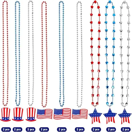 18Pcs 4th of July Bead Necklaces Patriotic Metallic Beaded Necklaces {3}