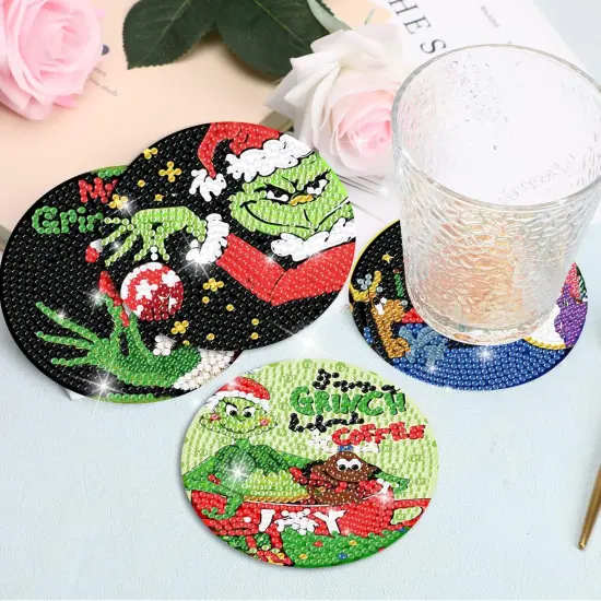 8 Pcs Christmas Diamond Painting Coasters Kits with Holder {3}