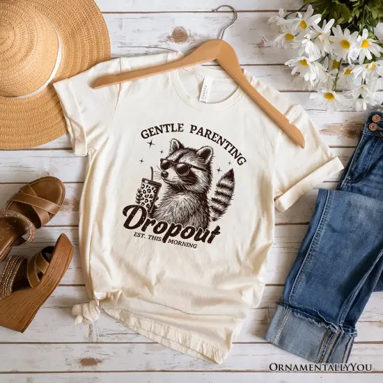 Gentle Parenting Dropout Raccoon T-Shirt, Tired Parent Humor Retro White and Natural Mom Tee {1}