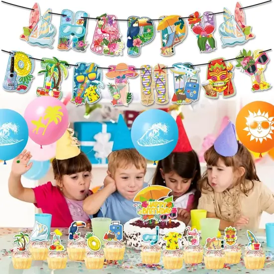 Summer Beach Party Decorations - Banner, Cake Toppers, Balloons {2}