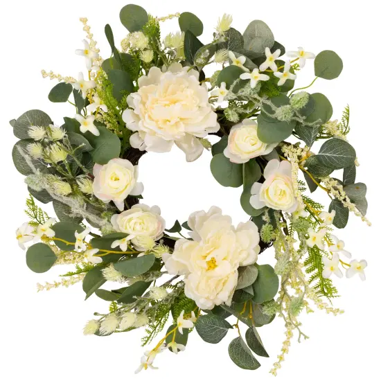 Northlight Peony, Rose and Mixed Foliage Artificial Spring Wreath - 20" White {3}