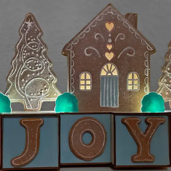 Haute Decor 15 inch Wide Christmas Wood Blocks Lighted Tabletop, Counter, Shelf, or Mantel Decoration - Joy with Gingerbread - Pre-lit and Battery Operated with Automatic Timer {5}