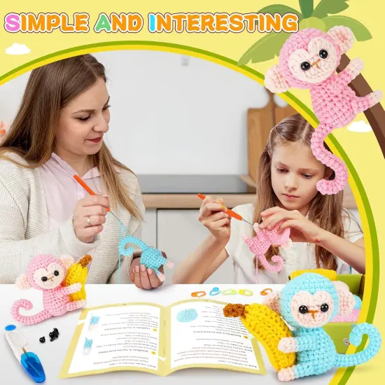Crochet Kit for Beginners - 2 PCS Monkey with Banana, Step-by-Step Video Tutorials, for Adults and Kids (Blue & Pink) {2}