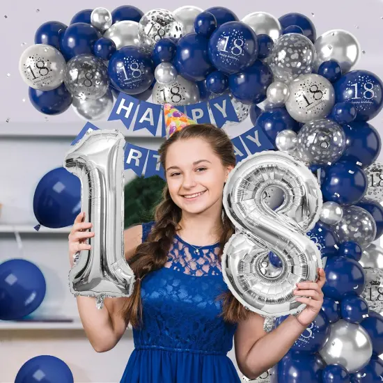 18th Birthday Decorations Navy Blue Silver,18th Birthday Balloon Garland Party Decorations with Number 18 Foil balloons,Happy Birthday Banner for Boys Girls 18th Birthday Party Decorations {3}