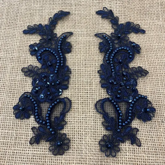 1 Pair Beaded & Corded Floral Lace Applique 9" x 2.5" Each Side Navy {1}