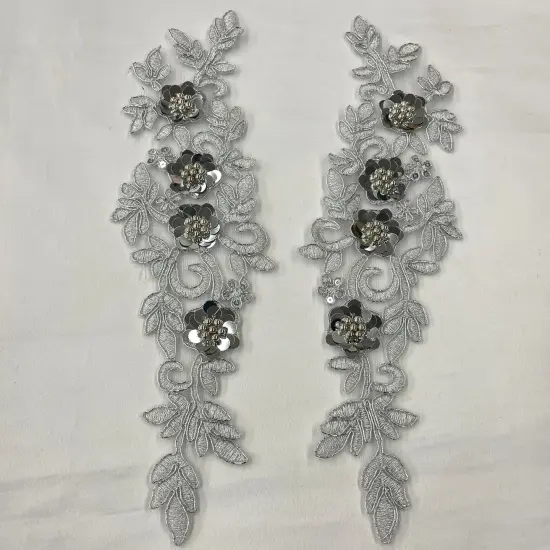 1 Pair 11" x 3" Each Side Beaded & Corded Floral 3D Lace Applique 100% Polyester Net Mesh Silver {1}