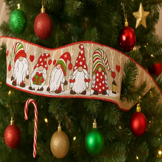 Designer&rsquo;s Shop WR 63-5203 Christmas Gnome Wired Edge Ribbon &ndash; 2.5" x 10 Yards &ndash; Red Green Striped Hats & Holiday Lanterns on Natural Burlap {5}