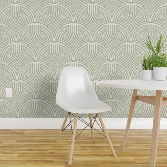 Pre-Pasted Wallpaper 2FT Wide Art Deco Geometric Lines Arch Green Faux Distressing Modern Farmhouse Japandi Scandi Mcm Minimalist Tile Mid Century Large Scale Diamond Oval Custom Pre-pasted Wallpaper by Spoonflower {1}