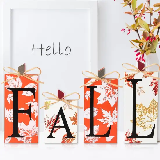 4 PCS Wood Fall Lettered Pumpkin Sign Block {5}