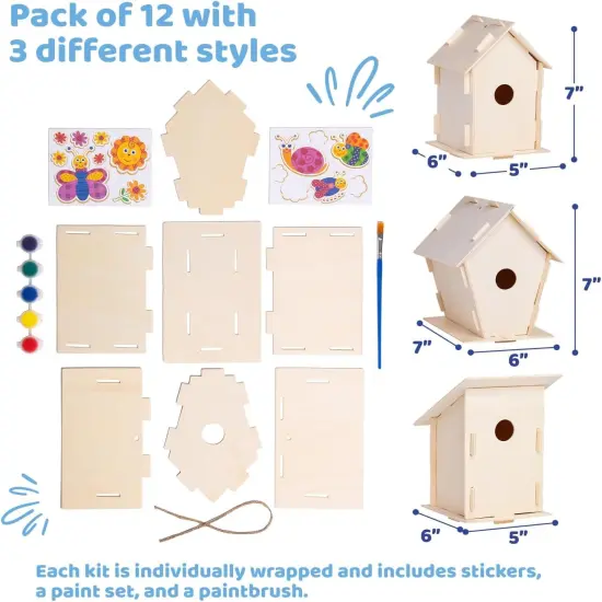 12 DIY Wooden Bird House Kits &ndash; Paintable Craft Set with Brushes, Stickers & Strings {2}