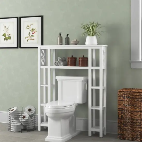 Over the Toilet Bathroom Shelving Unit with 9-Shelves in White Wood Finish {2}