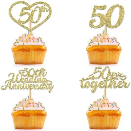 24Pcs 50th Wedding Anniversary Cupcake Toppers - Gold {1}