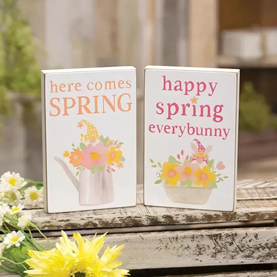 Happy Spring Floral Gnome Blocks Decorative Wooden Spring & Easter Blocks Asstd. 2 {3}
