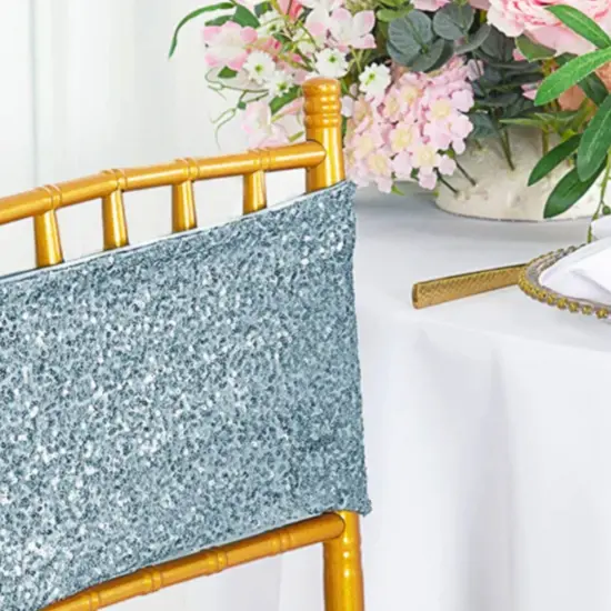 10 Pieces Elegant Dusty Blue Sequin Stretch Spandex Chair Bands 7 x 13 Inches {5}
