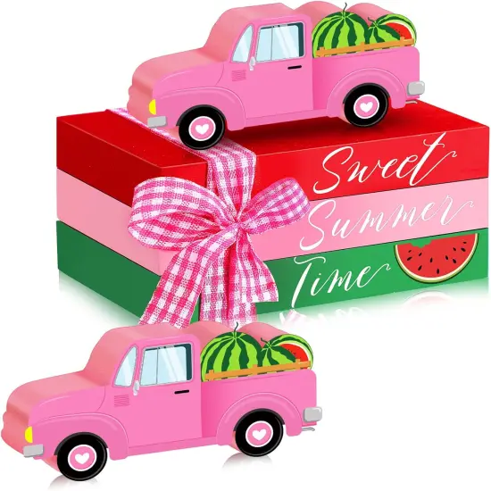 4 Pieces Summer Tiered Tray Decor Summer Kitchen Wood Table Decorations Mini Faux Books Stack for Home Party Table Shelf Farmhouse Accessories(Watermelon) {1}