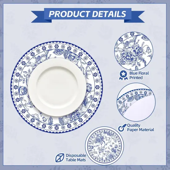 50 Pcs 14 Inch Blue Floral Paper Place Mats Chinoiserie Round Placemats Flower Disposable Decorative Table Mats for Dinner Table Setting Banquet Party Supplies {4}