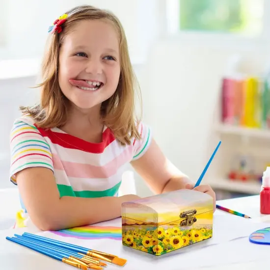Unfinished Wood Treasure Chest with 10 Paintbrushes, Small Treasure Craft Boxes with Locking Clasp Wooden Storage Box {5}